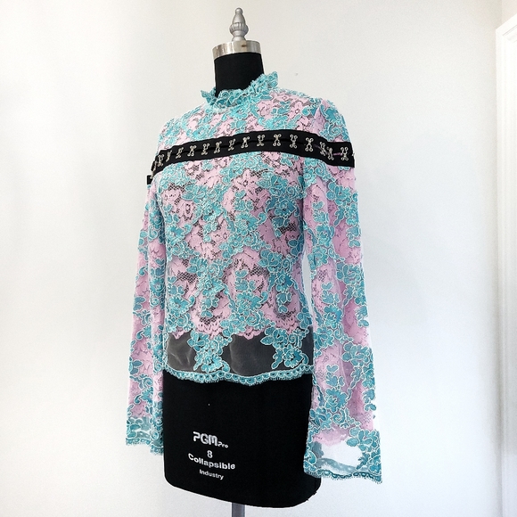 Marques Almeida Corset Y2K Dopamine Bright Ruffle Corded Floral Lace Top - Picture 9 of 15